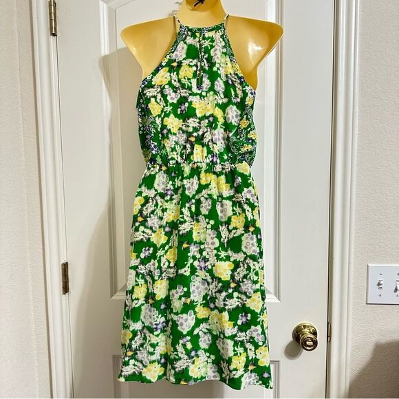 $375 REBECCA TAYLOR SILK FLORAL HIGH NECK FLUTTER GARDEN GREEN DRESS 0 FAIRY - Picture 4 of 14